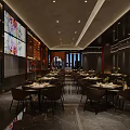 Elegant Modern Restaurant Interior With Dining Tables Chairs Wine Racks And Ambient Lighting