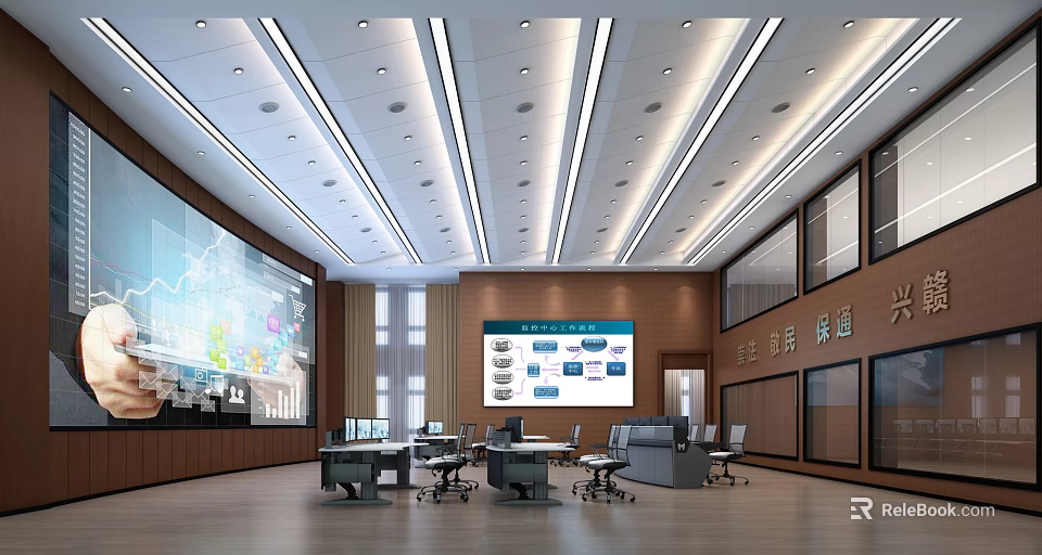 Modern Monitoring Room Interior with Large Data Screen Multiple Workstations and Wooden Walls 3d model 
