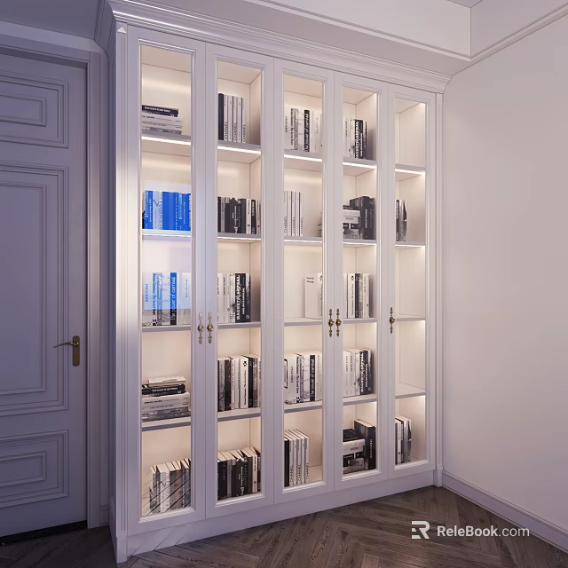 Modern White Bookshelf Design With Glass Doors Organized Books And Interior Lighting 3d model 