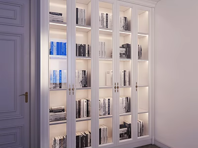 Modern White Bookshelf Design With Glass Doors Organized Books And Interior Lighting 3d model