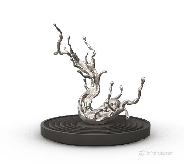 Silver Metallic Liquid Splash Sculpture On Black Circular Base With Concentric Rings 3d model 