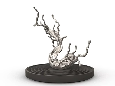 Silver Metallic Liquid Splash Sculpture On Black Circular Base With Concentric Rings 3d model