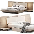 Modern Minimalist Double Bed Design With Wooden Headboard Mattress Pillows And Nightstand
