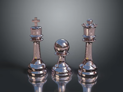 Three Shiny Metallic Chess Pieces With Elegant Reflective Polished Surfaces 3d model