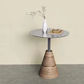 Contemporary Side Table With Round Metal Top Conical Woven Base And White Vase Dried Branches
