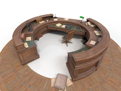 Circular Wooden Reception Desk With Green Desk Lamp Documents And Wooden Chair On Wooden Floor 3d model