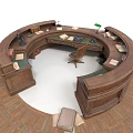 Circular Wooden Reception Desk With Green Desk Lamp Documents And Wooden Chair On Wooden Floor