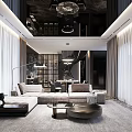 Modern Living And Dining Room Interior Design With Marble Wall TV Backdrop And Sofa