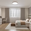 Modern Bedroom With White Curtains Gray Walls Round Ceiling Light Dressing Table And Wooden Floor