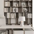 Modern Office Desk Interior with Ergonomic Chair Bookshelf Table Lamp and Flower Vase