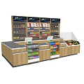 Modern Retail Store Reception Desk With Wooden Counter And Product Display Shelves