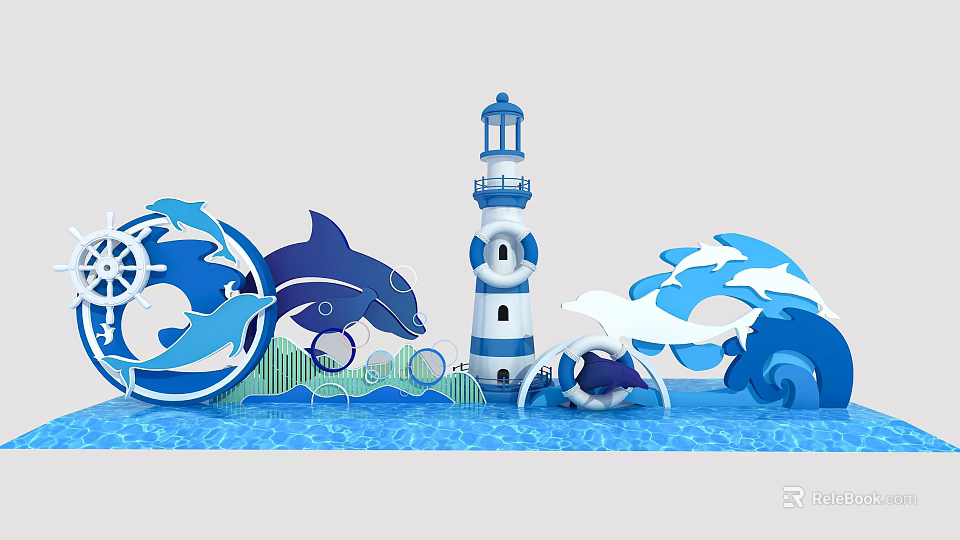 Ocean Themed Photo Check in Spot with Lighthouse Dolphins Waves and Lifebuoy 3d model 
