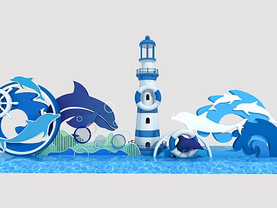 Ocean Themed Photo Check in Spot with Lighthouse Dolphins Waves and Lifebuoy 3d model
