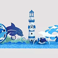 Ocean Themed Photo Check in Spot with Lighthouse Dolphins Waves and Lifebuoy