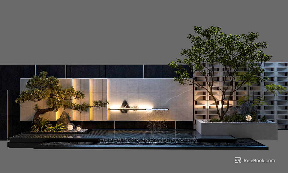 Elegant Modern Stone Feature Wall With Integrated Lighting Lush Greenery And Water Feature 3d model 