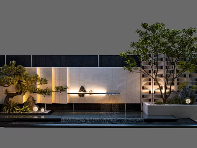 Elegant Modern Stone Feature Wall With Integrated Lighting Lush Greenery And Water Feature 3d model