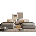 Modern Single Beds Gray Frames Pillows Nightstands Vase Flowers Decorative Art on Striped Rug