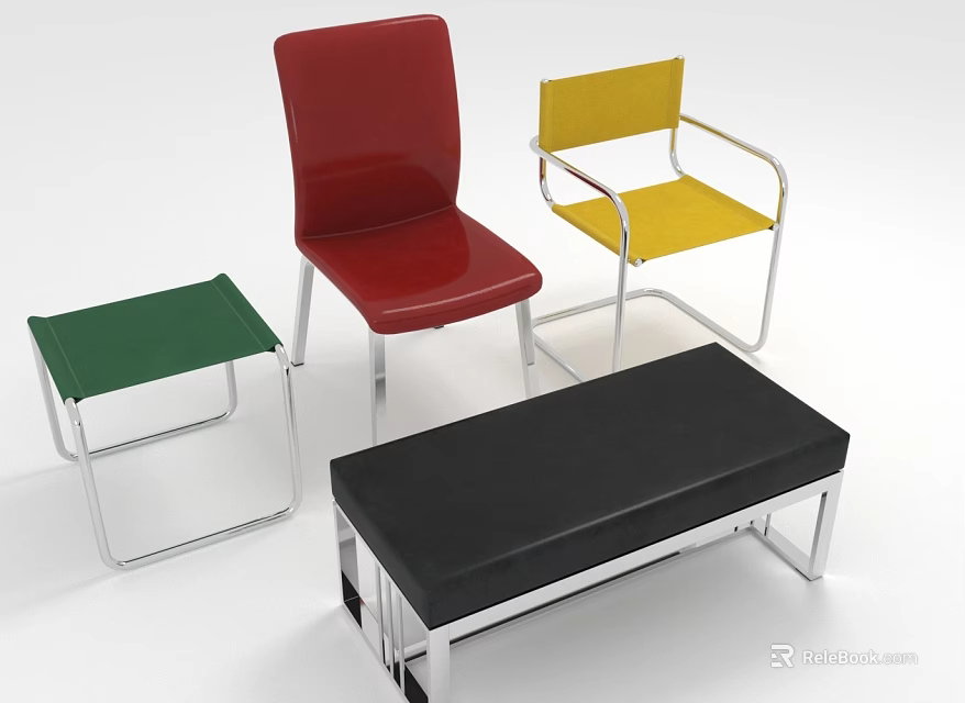 Modern Furniture Set With Red Chair Yellow Chair Green Side Table Black Bench Metal Frames 3d model 