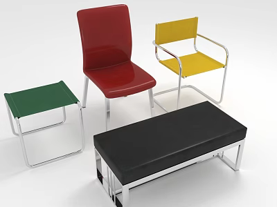 Modern Furniture Set With Red Chair Yellow Chair Green Side Table Black Bench Metal Frames 3d model