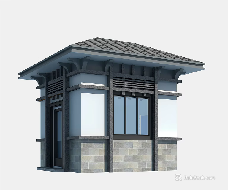 Traditional Entrance Gate With Tile Roof Wooden Structure Glass Windows And Stone Walls 3d model 