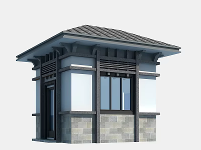 Traditional Entrance Gate With Tile Roof Wooden Structure Glass Windows And Stone Walls 3d model