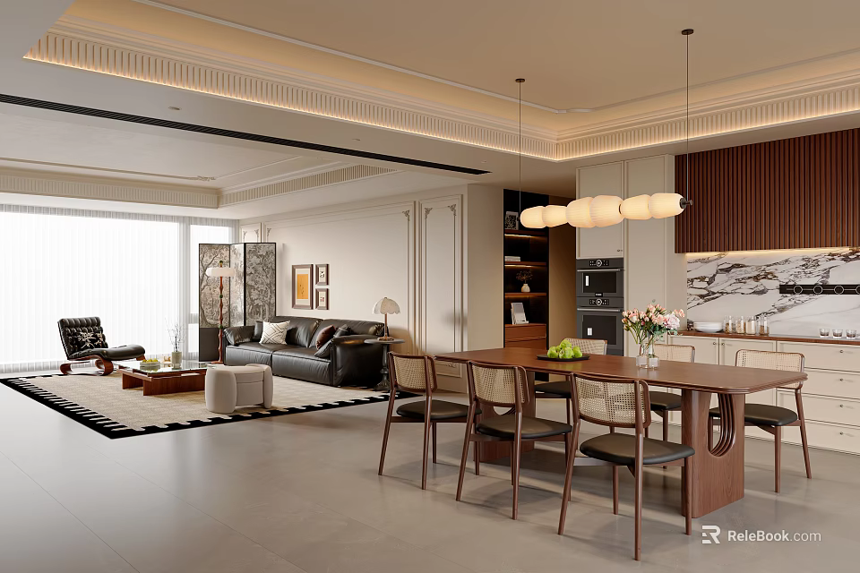 Modern Living And Dining Room Interior With Wooden Dining Table Sofa And Chandelier 3d model 