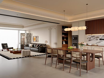 Modern Living And Dining Room Interior With Wooden Dining Table Sofa And Chandelier 3d model
