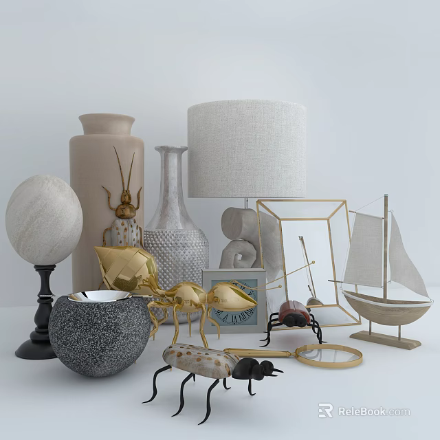 Modern Decorative Ornament Collection With Vases Lamp Insect Figurines Frame Sphere And Sailboat Model 3d model 