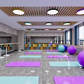 Spacious Fitness Studio With Wooden Ceiling Colored Yoga Mats Exercise Balls Mirrors And Windows