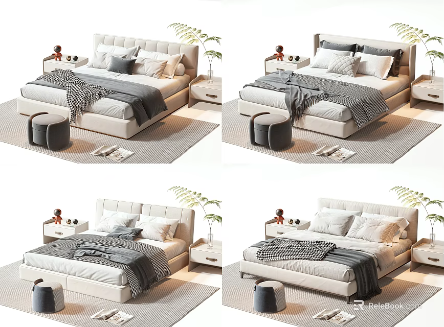 Modern Double Bed with Pillows Blanket Nightstand and Potted Plant in Bedroom 3d model 