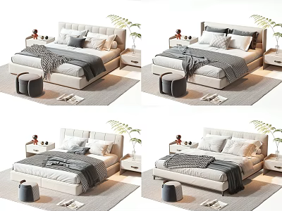 Modern Double Bed with Pillows Blanket Nightstand and Potted Plant in Bedroom 3d model