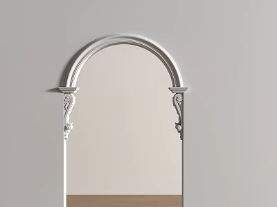 White Arched Door Frame With Intricate Carved Decorations And Light Wall Wooden Floor 3d model