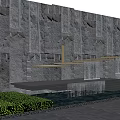 Stone Feature Wall With Waterfall Steps And Green Plants Design 3d model