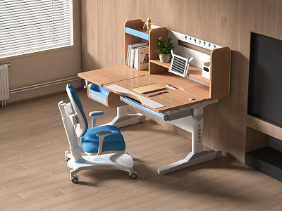 Adjustable Wooden Children's Desk with Bookshelf Chair and Study Storage Space 3d model