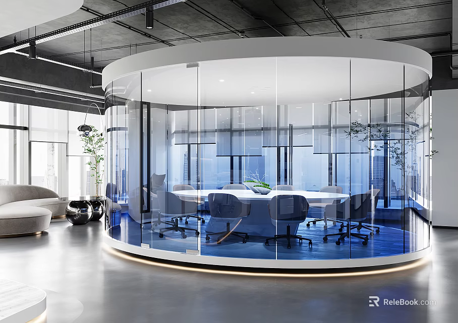 Modern Conference Room With Circular Glass Walls Conference Table And Comfortable Chairs 3d model 