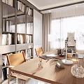 Modern Living Room Interior Design with Bookshelves Chairs Table and Natural Light