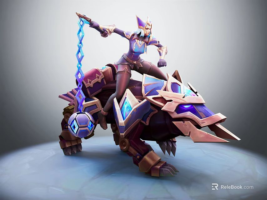 Fantasy Character Riding Armored Creature With Chain Weapon And Glowing Blue Accents 3d model 