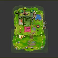 Vibrant 3D Landscape With Green Grass Trees Slide Fence Path And Blue Pool