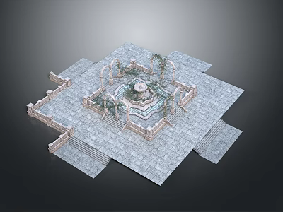 Square Stone Courtyard Design Featuring Central Fountain Plants Steps And Ornamental Walls 3d model