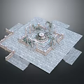 Square Stone Courtyard Design Featuring Central Fountain Plants Steps And Ornamental Walls