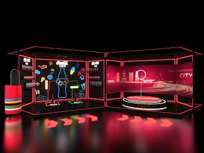 Neon Light Exhibition Display With City Silhouette Icons Red Arrows And Platform 3d model