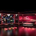 Neon Light Exhibition Display With City Silhouette Icons Red Arrows And Platform