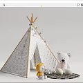 Kids Teepee Tent With Polka Dot Design Wooden Frame And Plush Toys On Soft Carpet