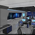 Modern Monitoring Room with Multiple Computer Screens Workstations and Blue Lighting