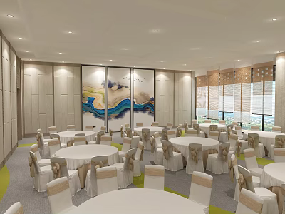 Elegant Modern Banquet Hall With Round Tables White Chair Covers And Decorative Painting 3d model