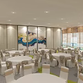 Elegant Modern Banquet Hall With Round Tables White Chair Covers And Decorative Painting