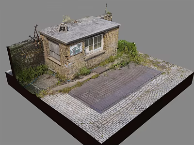 Miniature Old House Model With Weathered Brick Walls Overgrown Grass Cobblestone Ground Gray Mat Area 3d model