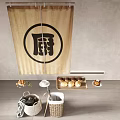 Traditional Japanese Kitchenware Display With Burlap Curtain Wicker Storage Baskets And Pastry Tray