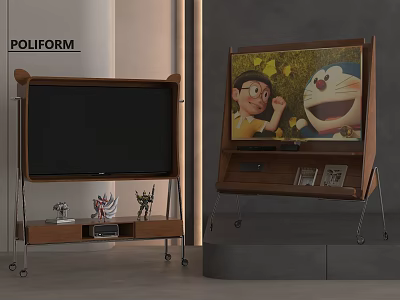 Modern TV Unit on Wooden Rolling Stand with Cartoon Display and Decorative Items 3d model