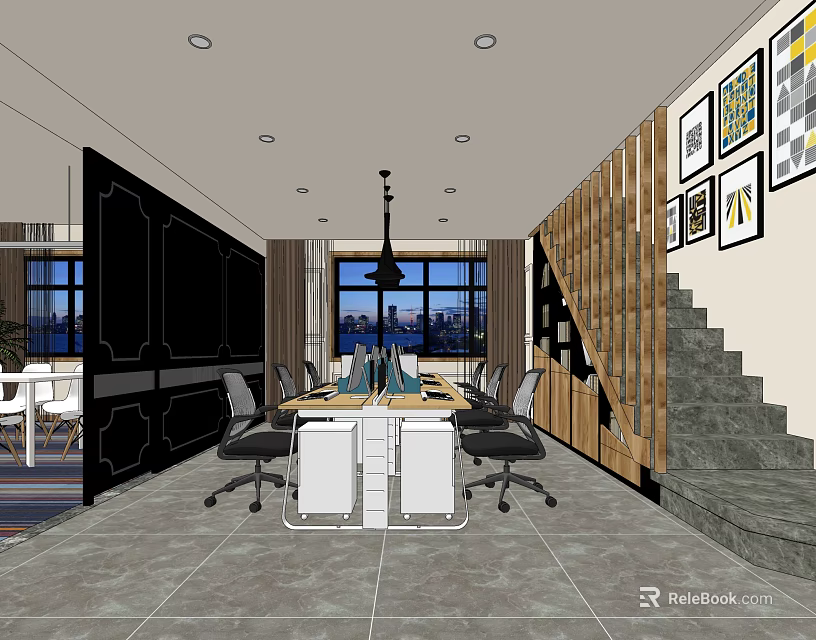 Modern Public Office Space With Open Layout Desks Chairs And Decorative Paintings 3d model 